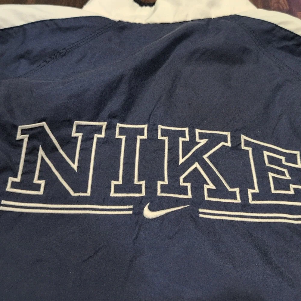 Vintage Nike Track Jacket Womens‎ XL Windbreaker Navy Blue White Swoosh Logo 90s